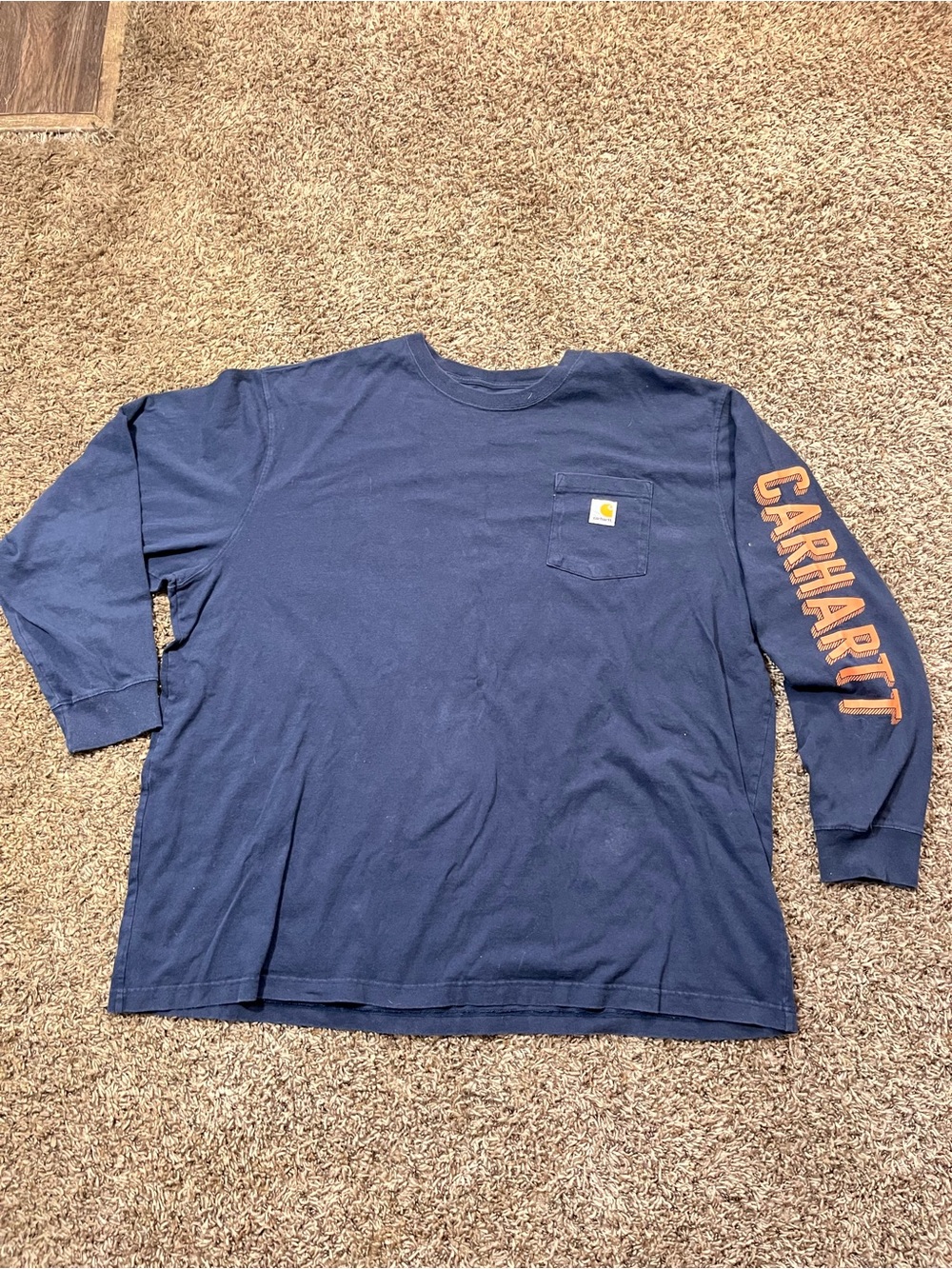 Carhartt Navy Long-Sleeve Pocket Tee with Orange Sleeve Logo